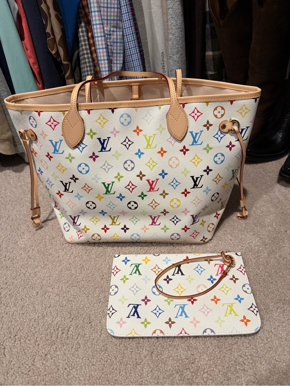 Designer inspired White Multicolor Monogram Canvas Tote with Pouch